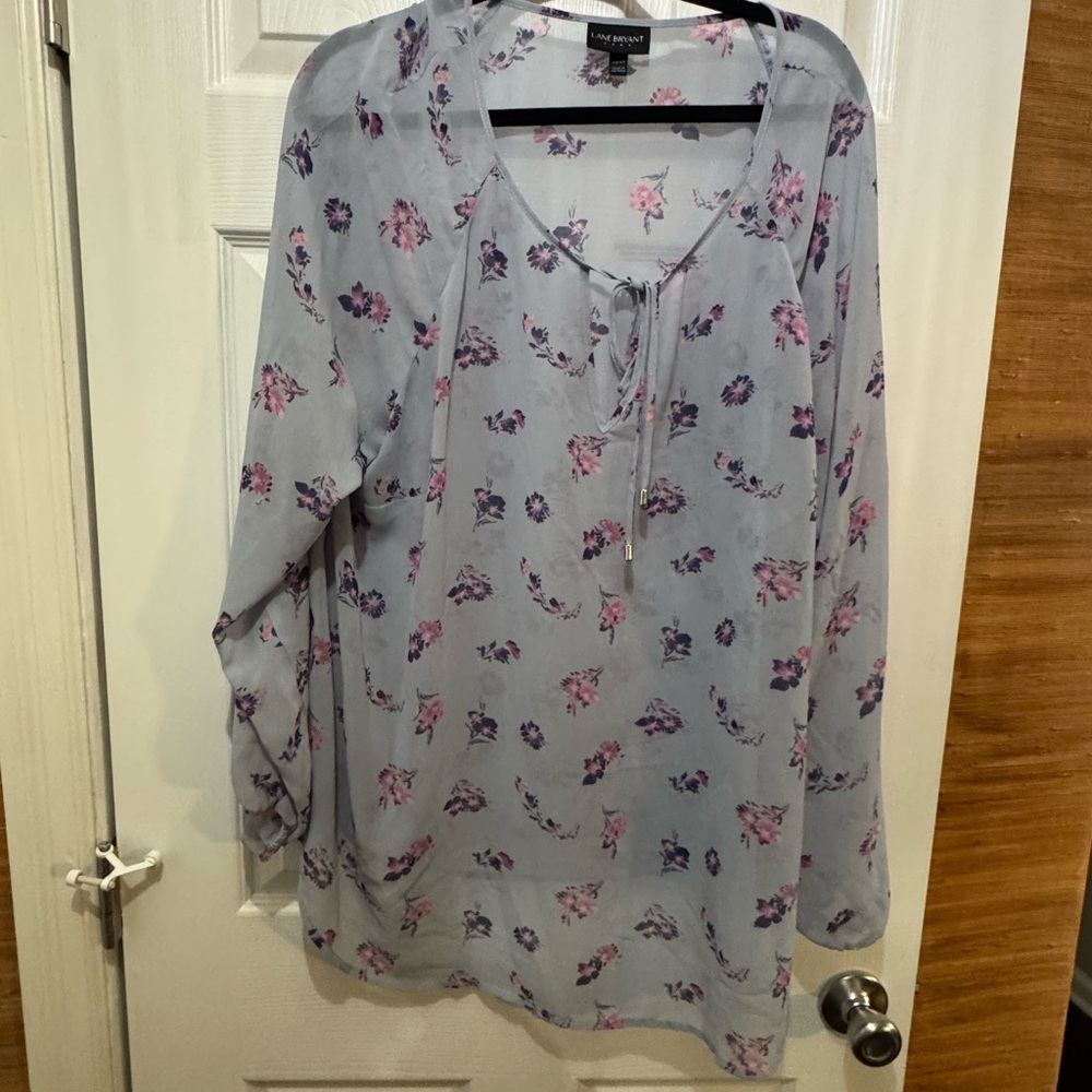 Lane Bryant Light Lilac Floral Tie-Neck Blouse